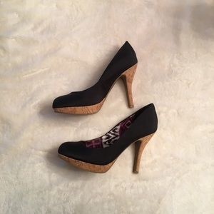 Fergalicious Black Satin And Cork High Heel Shoes
